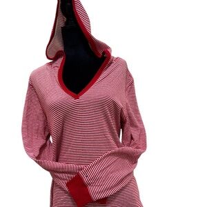 Tommy Hilfiger Top White and Red Stripped Long Sleeve V Neck Hoodie Size: L